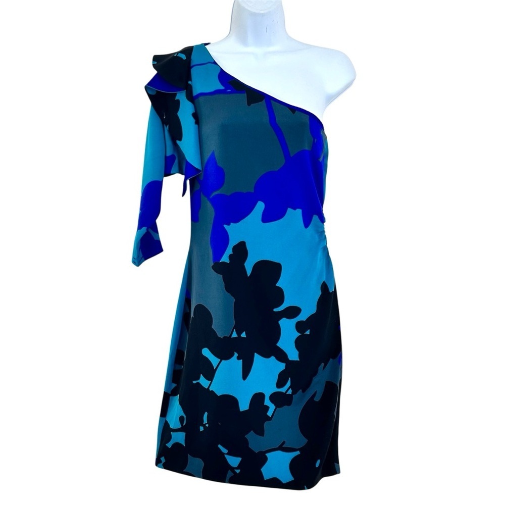 Diane Von Furstenberg Silk One-Shoulder Blue Abstract Floral Print Mini Dress 4